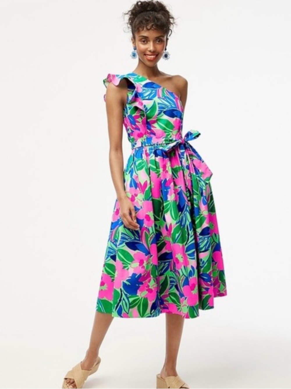 J.Crew One-Shoulder Floral Midi Dress in Pink, Green & Blue Floral pattern